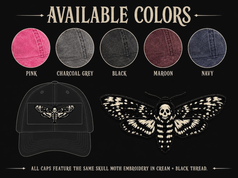 Death's Head Moth Embroidered Vintage Cap | Gothic Hat, Skull Moth Cap, Dark Aesthetic Hat, Halloween Cap, Occult Gift image 7
