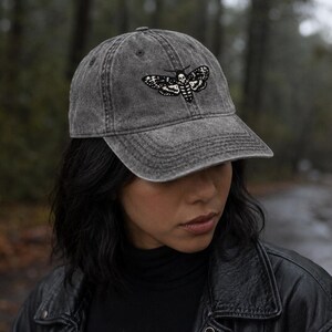 Death's Head Moth Embroidered Vintage Cap | Gothic Hat, Skull Moth Cap, Dark Aesthetic Hat, Halloween Cap, Occult Gift image 2
