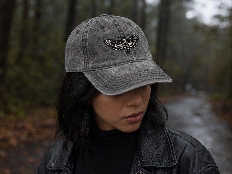 Death's Head Moth Embroidered Vintage Cap | Gothic Hat, Skull Moth Cap, Dark Aesthetic Hat, Halloween Cap, Occult Gift image 2