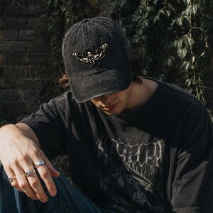 Death's Head Moth Embroidered Vintage Cap | Gothic Hat, Skull Moth Cap, Dark Aesthetic Hat, Halloween Cap, Occult Gift image 4
