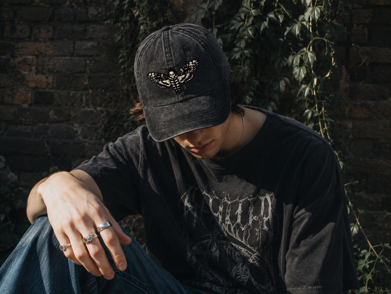 Death's Head Moth Embroidered Vintage Cap | Gothic Hat, Skull Moth Cap, Dark Aesthetic Hat, Halloween Cap, Occult Gift image 4