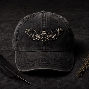 Death's Head Moth Embroidered Vintage Cap | Gothic Hat, Skull Moth Cap, Dark Aesthetic Hat, Halloween Cap, Occult Gift image 1