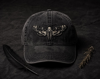 Gorra vintage bordada con polilla calavera / Sombrero gótico, gorra con polilla calavera, sombrero de estética oscura, gorra de Halloween, regalo ocultista