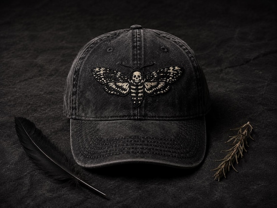 Death's Head Moth Embroidered Vintage Cap | Gothic Hat, Skull Moth Cap, Dark Aesthetic Hat, Halloween Cap, Occult Gift