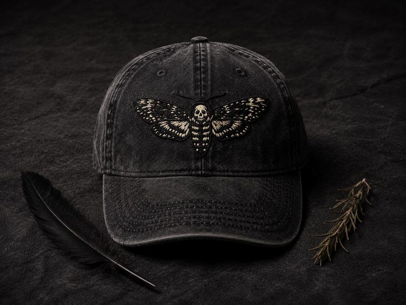 Death's Head Moth Embroidered Vintage Cap | Gothic Hat, Skull Moth Cap, Dark Aesthetic Hat, Halloween Cap, Occult Gift image 1