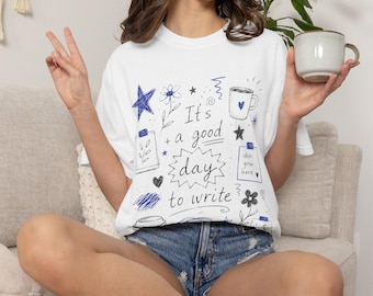 Camiseta con estética de garabatos / Camiseta para amantes del journaling / Camiseta "Buen día para escribir" / Regalo adorable para escritores creativos / Camiseta de garabatos para estudiantes