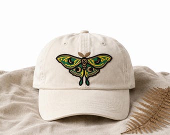 Luna Moth Embroidered Cap | Cottagecore Hat, Dark Academia Gift, Nature Lover Baseball Cap, Witch Aesthetic, Goblincore Hat
