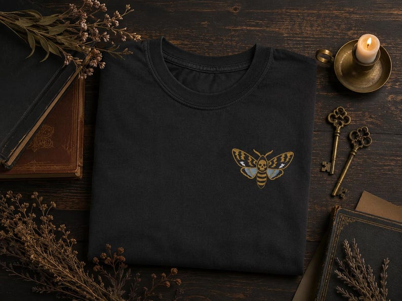 May include: A black crew neck t-shirt featuring an embroidered design on the chest. The embroidery depicts a moth with a skull pattern on its thorax, rendered in shades of gold, white, and grey, with detailed wing markings and a striped abdomen.