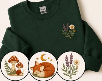 Sudadera bordada estilo Cottagecore / Sudadera de cuello redondo con estampado de setas, zorro durmiendo y flores silvestres / 3 diseños / Regalo para amantes de la naturaleza estilo Goblincore / Elige el color