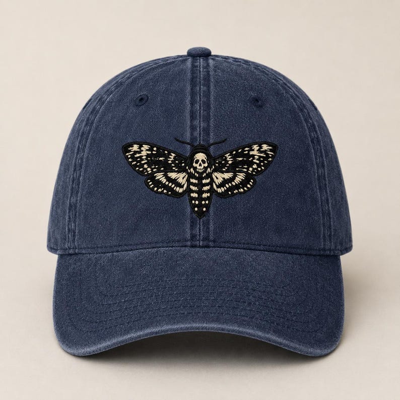 Death's Head Moth Embroidered Vintage Cap | Gothic Hat, Skull Moth Cap, Dark Aesthetic Hat, Halloween Cap, Occult Gift Navy