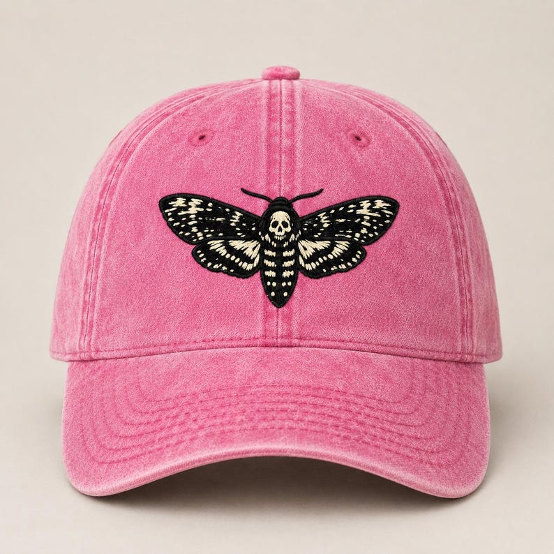 Death's Head Moth Embroidered Vintage Cap | Gothic Hat, Skull Moth Cap, Dark Aesthetic Hat, Halloween Cap, Occult Gift Pink