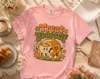 Camiseta "Date un capricho" / Camiseta retro para amantes del café / Regalo divertido de café para mujeres / Camiseta con estampado de croissant de café / Regalo para baristas