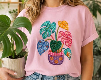Camiseta para amantes de las plantas / Camiseta Monstera con bordado falso / Regalo para amantes de las plantas de interior / Camiseta para mamás de plantas / Camiseta estilo cottagecore para amantes de las plantas