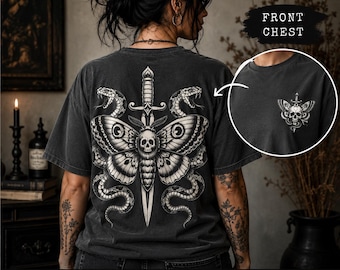 Moth and Dagger T-shirt | Gothic Moth Shirt | Snake Skull Tee | Comfort Colors Graphic Tee | Dark Academia Shirt | Occult Tattoo Style Gift