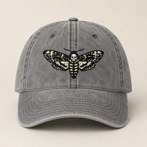Death's Head Moth Embroidered Vintage Cap | Gothic Hat, Skull Moth Cap, Dark Aesthetic Hat, Halloween Cap, Occult Gift Charcoal Grey