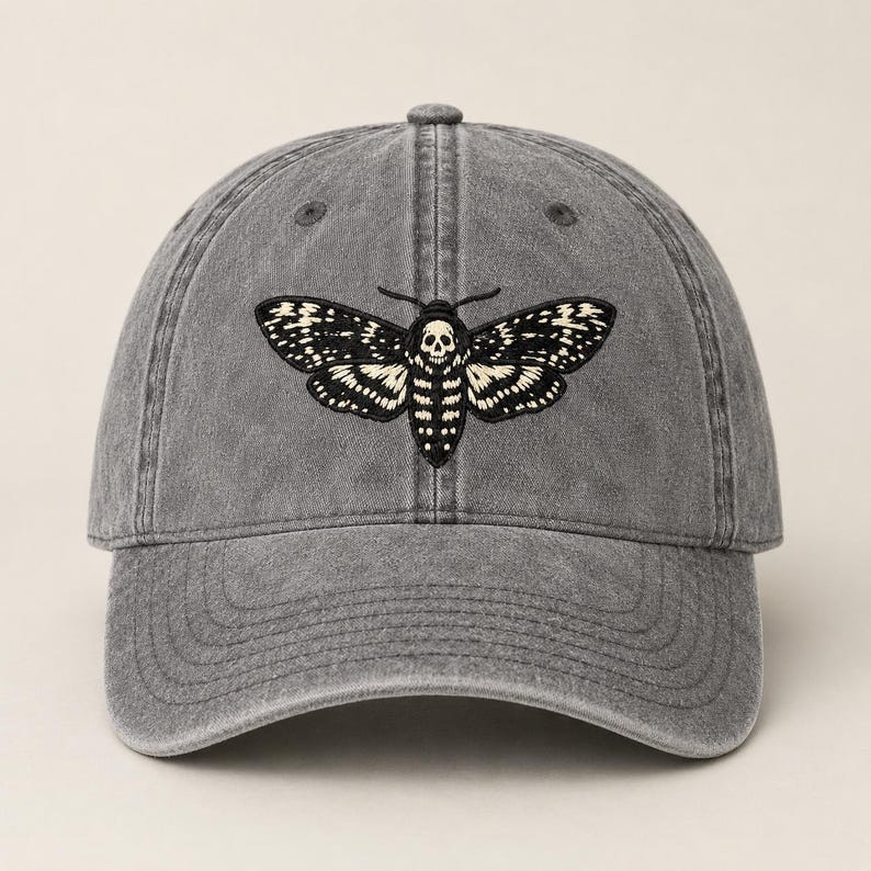 Death's Head Moth Embroidered Vintage Cap | Gothic Hat, Skull Moth Cap, Dark Aesthetic Hat, Halloween Cap, Occult Gift Charcoal Grey