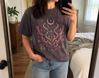 Whimsigoth Snake Moth Shirt | Celestial Comfort Colors Tee | Gothic Botanical Moon Shirt | Witchy Gift for Her | Dark Academia Tee