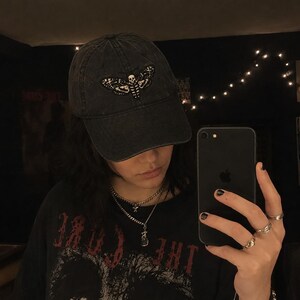 Death's Head Moth Embroidered Vintage Cap | Gothic Hat, Skull Moth Cap, Dark Aesthetic Hat, Halloween Cap, Occult Gift image 3
