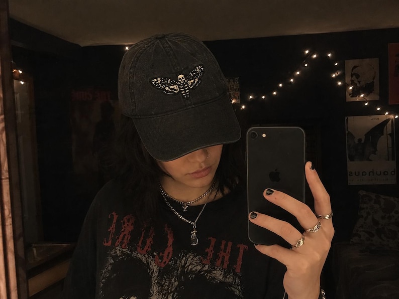 Death's Head Moth Embroidered Vintage Cap | Gothic Hat, Skull Moth Cap, Dark Aesthetic Hat, Halloween Cap, Occult Gift image 3