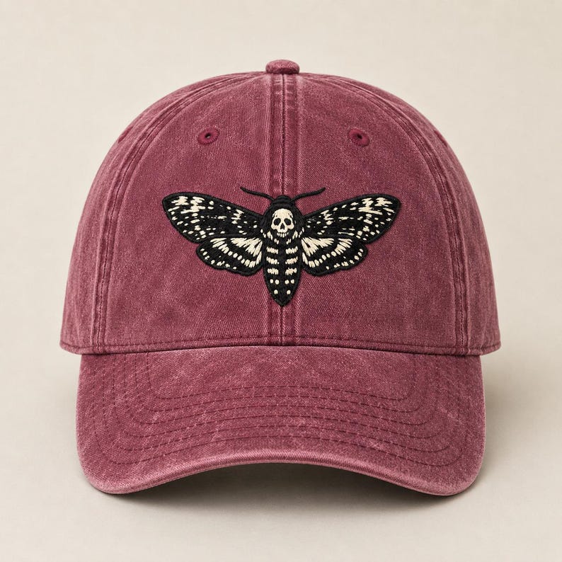 Death's Head Moth Embroidered Vintage Cap | Gothic Hat, Skull Moth Cap, Dark Aesthetic Hat, Halloween Cap, Occult Gift Maroon