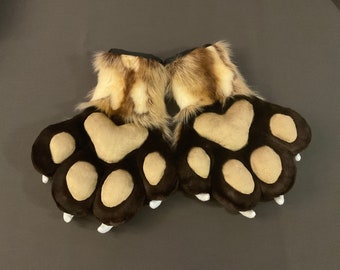 Brown and Tan African Wild Dog Puffy Fursuit Handpaws, Faux Fur Paws