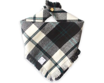 Frayed Black and White Plaid Flannel Dog Bandana | LIMITED EDITION Winter Dog Neckwear | Available in 4 sizes with snaps for secure fit
