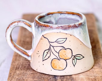 Handmade ceramic mug for coffee, tea or cappuccinos | mandarin oranges | functional pottery | rustic green brown | tableware | speckled clay