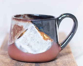 Handmade ceramic mug for coffee, tea or cappuccino | functional pottery | rustic, blue, white, black glitter | gold lustre | tableware