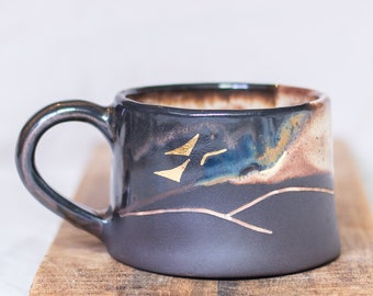 Handmade ceramic mug for coffee, tea or cappuccino | functional pottery | rustic, blue, brown, black glitter | gold lustre | tableware