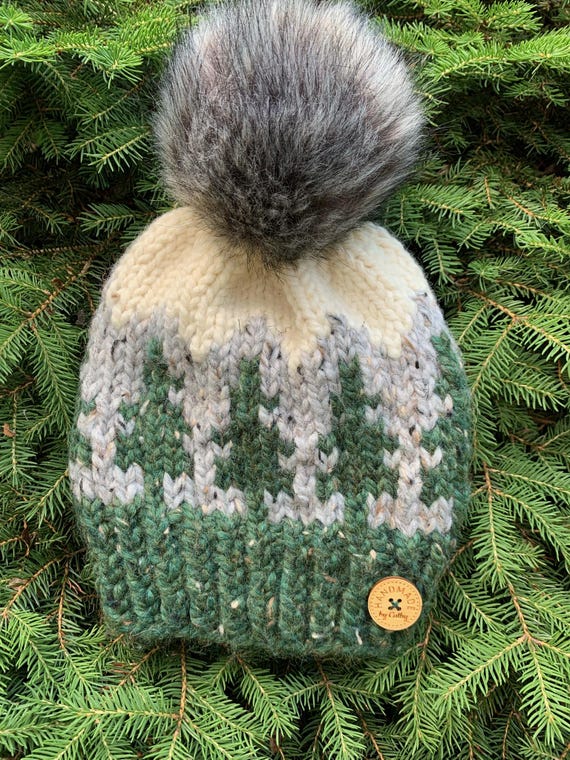 Green Tree Knit Pom Beanie - Detachable Faux Fur Pom - Etsy display picture 1