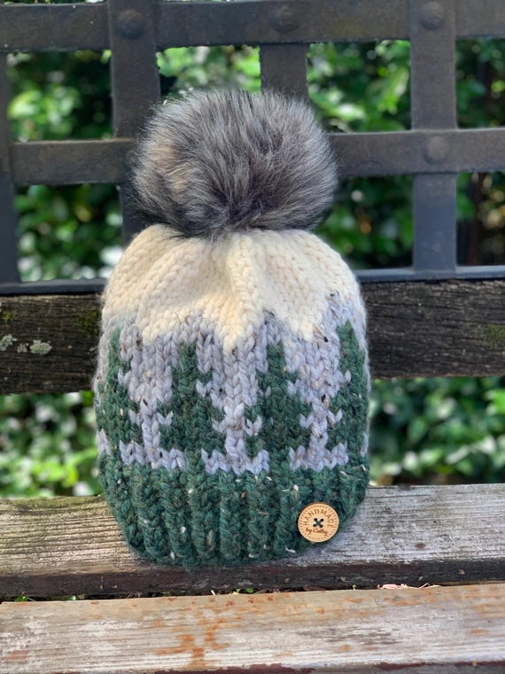 Green Tree Knit Pom Beanie - Detachable Faux Fur Pom - Etsy display picture 1