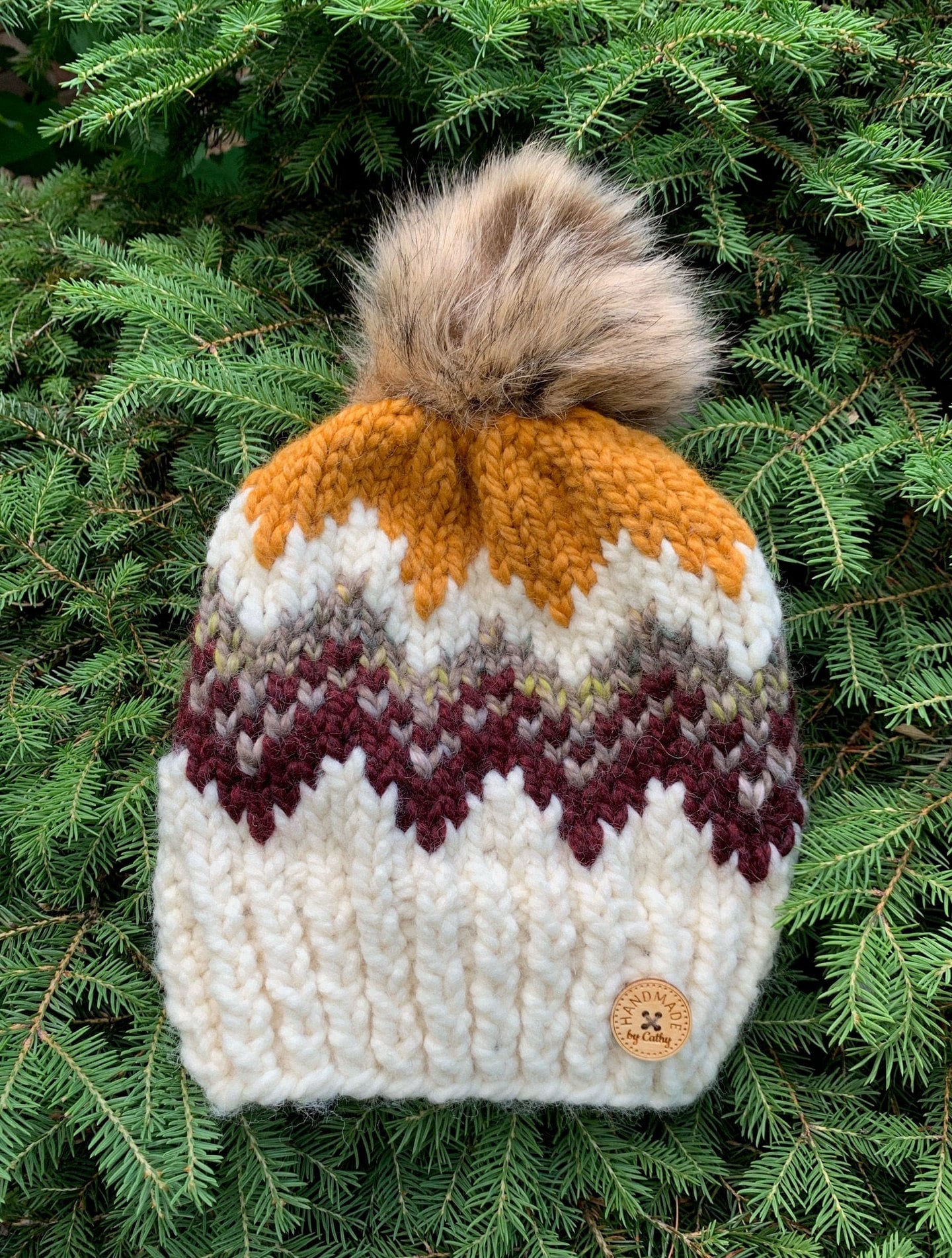 Chevron Herringbone Pom Beanie with Faux Fur Pom Fully Lined Chevron Beanie With Upcycled Fur Pom by Harricana  main image 2