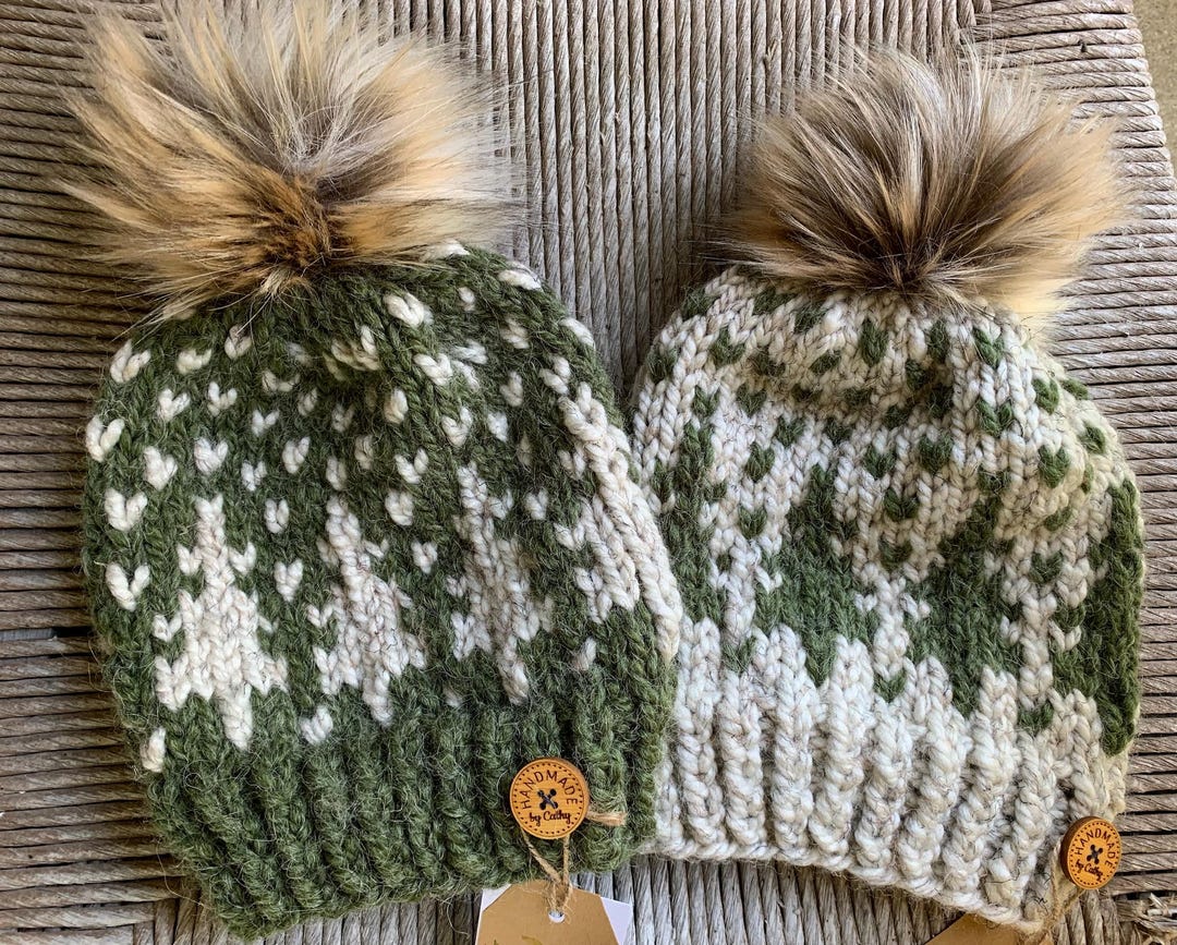 Nordic Knit Tree Hat: Faux Fur Pom Winter Beanie - Etsy display picture 1