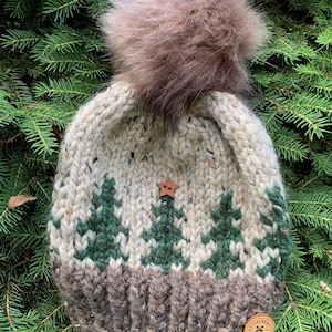 Star Button Pine Tree Hat - Pom Hat - Winter Hat