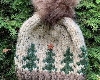 Star Button Pine Tree Hat - Pom Hat - Winter Hat