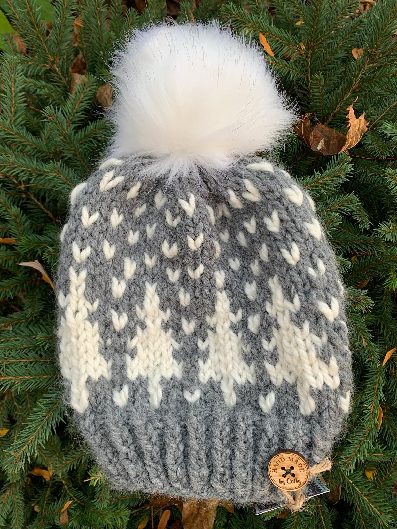 Gray White Green Pine Evergreen Tree Holiday Knit Faux Fur Pom Beanie Winter Hat Snow Bunny Pom Hat | Mint – Pigment main image 3