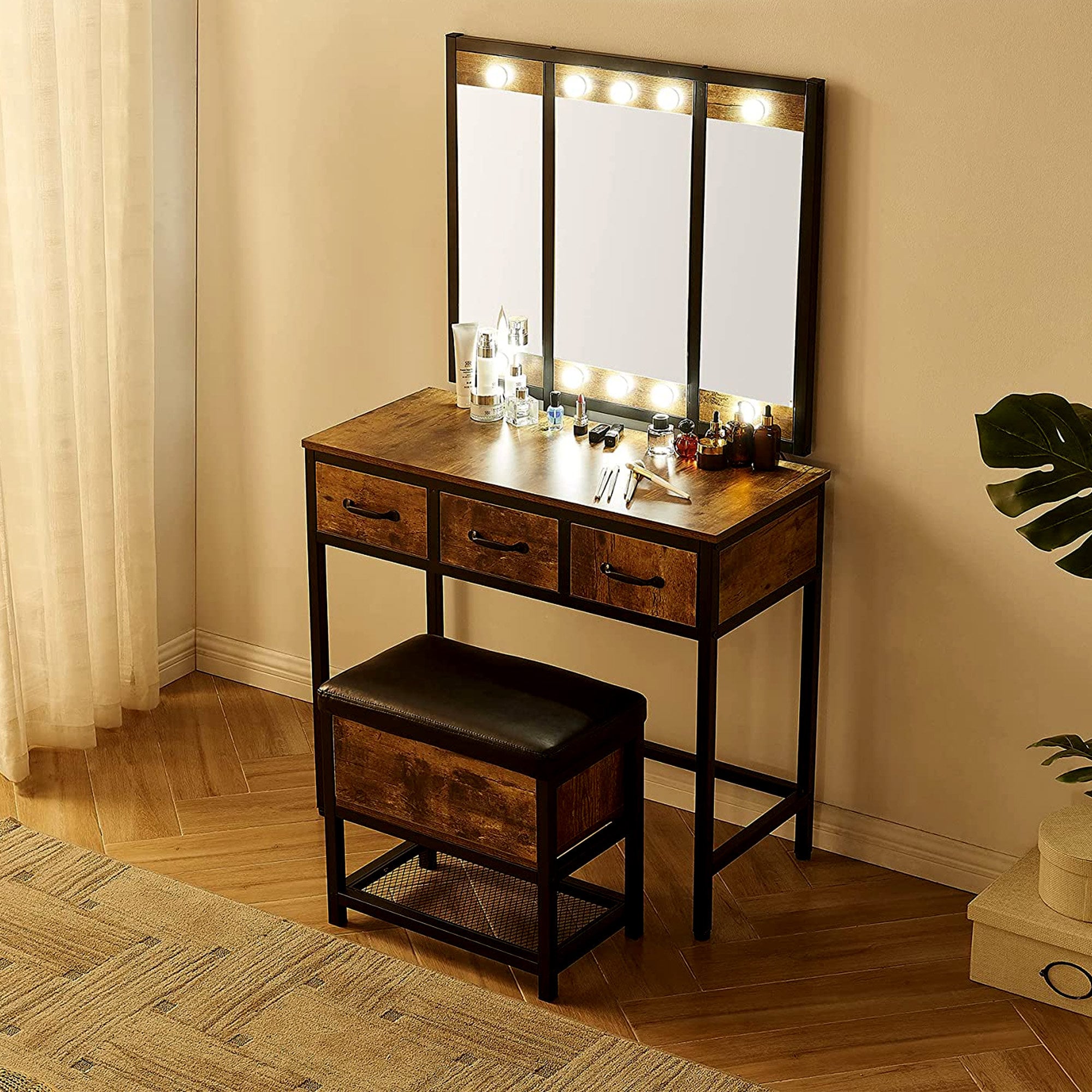 Wooden Makeup Vanity Table with 3 Drawers and Soft Leather  Etsy