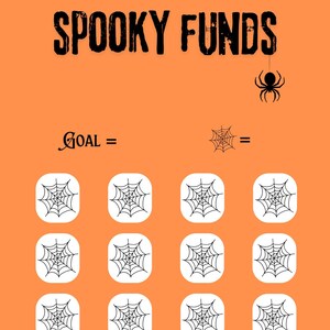 Może przedstawiać: Gra o tematyce Halloween zatytułowana "Spooky Funds". Plansza do gry ma 16 białych pól z czarnymi pajęczynami w środku. Celem gry jest zebranie wszystkich pajęczyn. Gra się rzucając kostką i przesuwając swojego pająka po planszy.