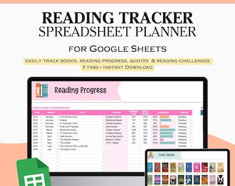 May include: A computer screen displaying a Google Sheets spreadsheet with a pink and white header that reads "Reading Progress". The spreadsheet is designed to track reading progress, including book titles, authors, current page, total pages, and status. A smaller screen on the right shows a "Cover Library" with book covers.