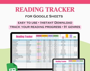 May include: A computer screen and a tablet display a Google Sheet spreadsheet with the title "Reading Tracker". The spreadsheet is designed to track reading progress, including the title, author, genre, and reading status of books. The spreadsheet is colorful and visually appealing, with different colors used to indicate different reading statuses.