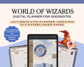 May include: A digital planner for GoodNotes app with a whimsical wizard theme. The cover features a clock face with a blue background and gold accents, surrounded by books and a crescent moon. The planner includes 613 hyperlinked pages and digital stickers for iPad and Android.