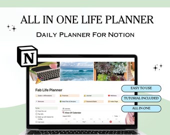 Peut inclure: Un ordinateur portable affichant une page Notion intitulée "Fab Life Planner". La page est divisée en sections pour les objectifs, les finances, le journal, le bien-être, les soins de la peau, le plan de repas et les recettes, la banque de mots de passe et la page d'index. La page comprend également un calendrier pour août 2023. L'ordinateur portable est sur un fond vert clair avec le texte "ALL IN ONE LIFE PLANNER" et "DAILY PLANNER FOR NOTION" au-dessus. Le texte "EASY TO USE", "TUTORIAL INCLUDED", et "ALL IN ONE" est affiché dans des boutons sous l'ordinateur portable. Le texte "DIGITAL DESIGN HUSTLE" est affiché sous l'ordinateur portable.