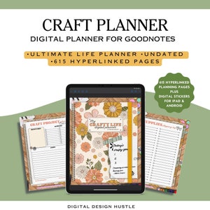 Pode incluir: Um planejador digital para Goodnotes com um design floral. A capa apresenta o texto "My Crafty Life Digital Planner". O planejador inclui 615 páginas hiperligadas, adesivos digitais e é compatível com iPad e Android.