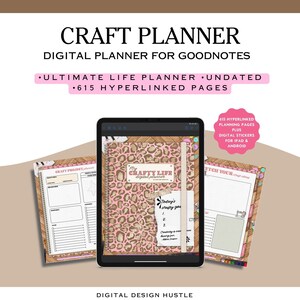 May include: A digital planner for the Goodnotes app with a pink and brown leopard print cover. The planner is titled "My Crafty Life" and includes 615 hyperlinked pages, plus digital stickers for iPad and Android.