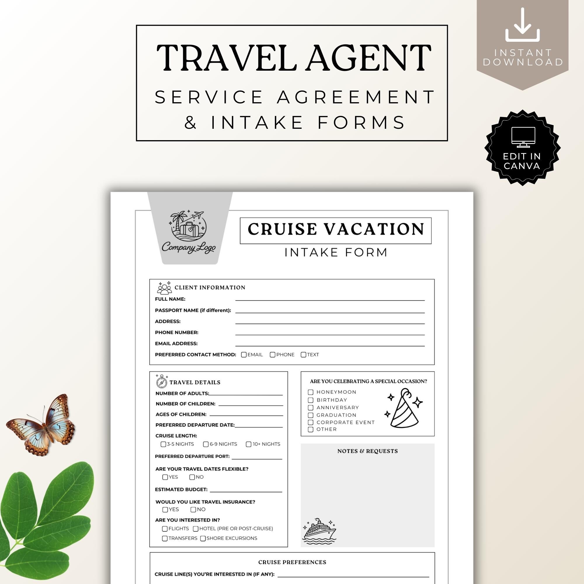 Travel Client Intake Form Travel Agent Client Intake Form Bundle, Cruise Travel Quote Forms ...