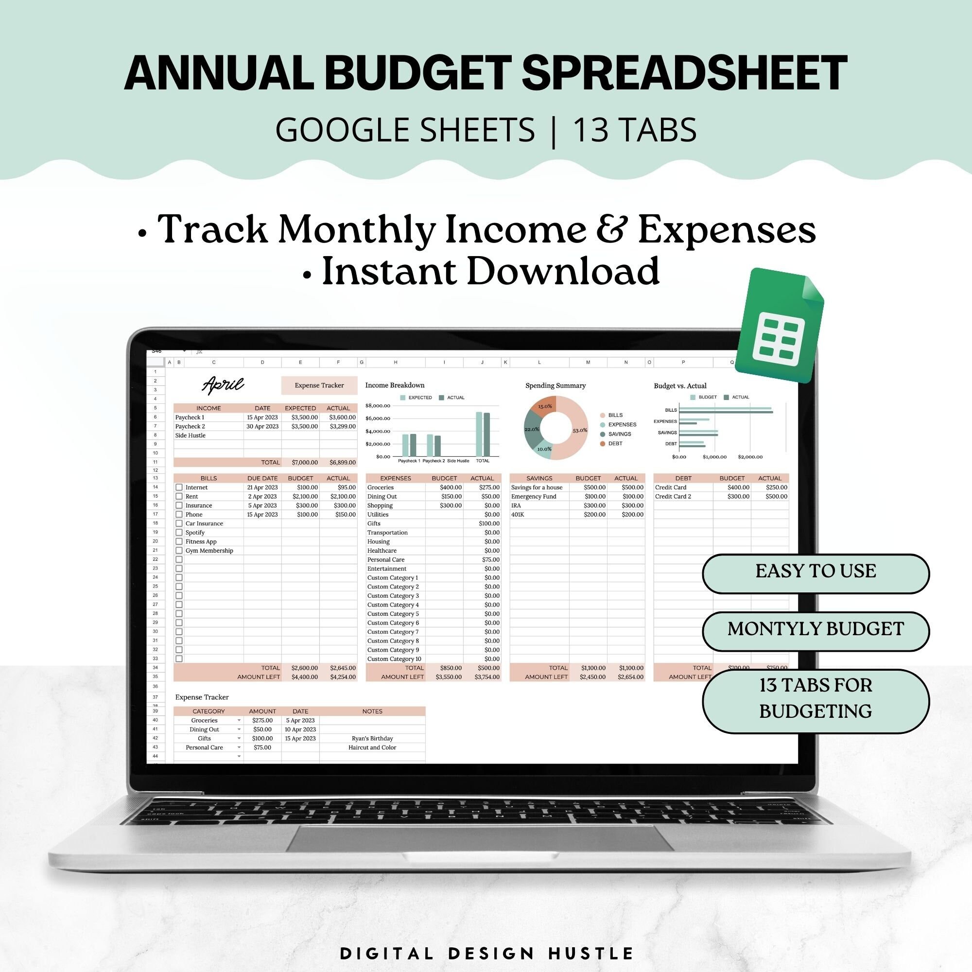 Annual Budget Spreadsheet, Annual Budget Planner Spreadsheet, Annual ...