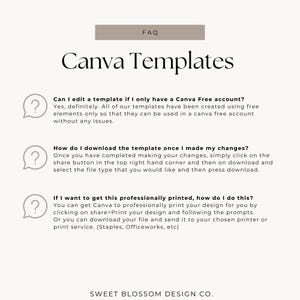 May include: A beige and white graphic with the text "FAQ" and "Canva Templates." The image includes three question mark icons with text explaining how to edit, download, and print templates. The Sweet Blossom Design Co. logo is at the bottom.