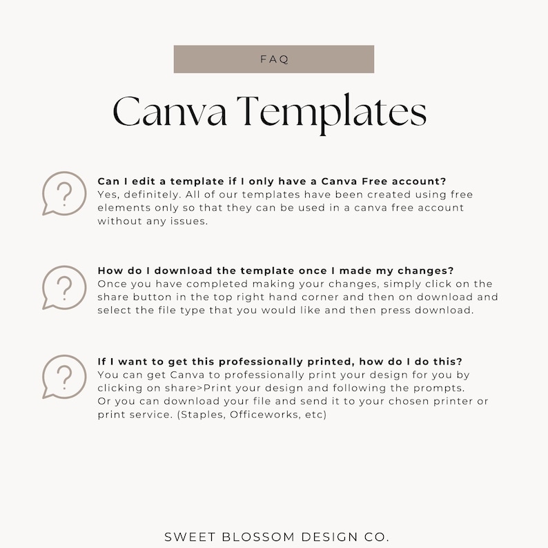 May include: A beige and white graphic with the text "FAQ" and "Canva Templates." The image includes three question mark icons with text explaining how to edit, download, and print templates. The Sweet Blossom Design Co. logo is at the bottom.
