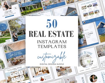 以下が含まれることがあります： 不動産用のカスタマイズ可能なInstagramテンプレート50個のコラージュ。テンプレートは、青と白のカラーパレットで、家、インテリア、テキストオーバーレイの画像が特徴です。テキストには、「新着物件」、「オープンハウス」、「地域市場分析」、「初めての住宅購入者のためのヒント」などのフレーズが含まれています。