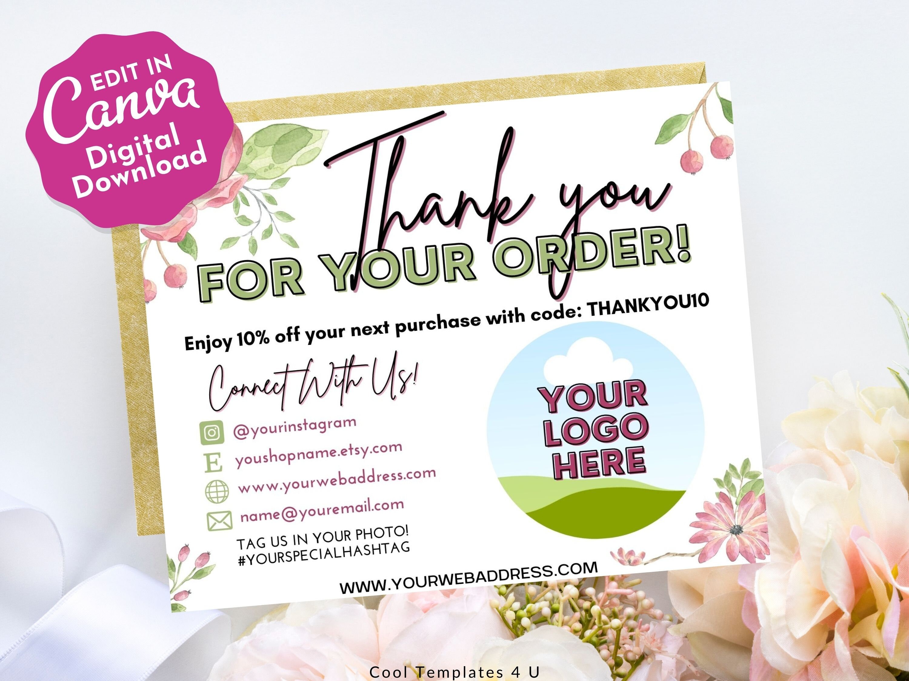 Pink Floral Thank You Card Template, Canva Template, Small Business ...